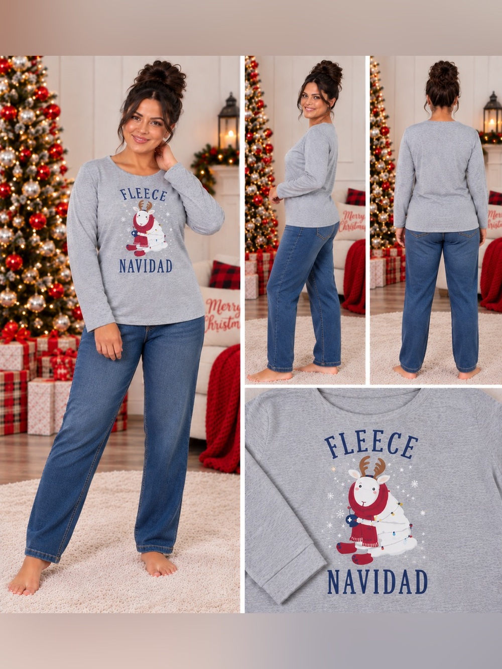 9249 - NIP L Fleece Navidad Women’s Christmas Pajama Top in Gray Navy Reindeer